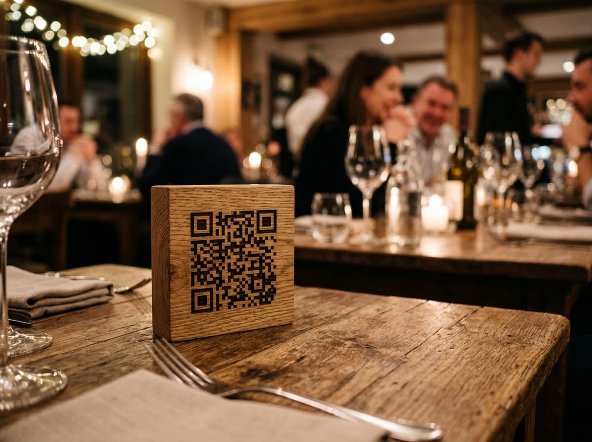 QR Code minimale in legno sul tavolo